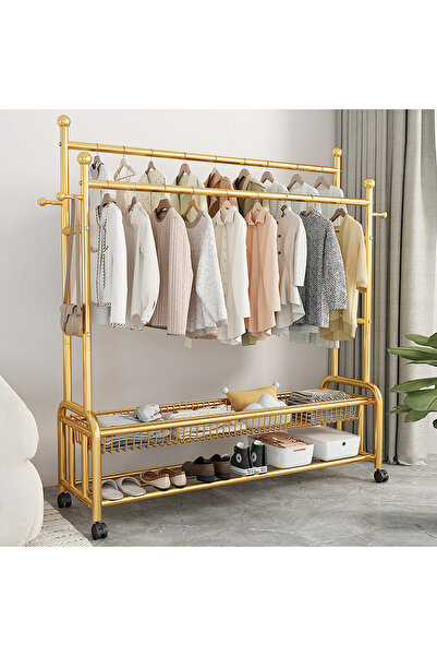 Un علاقة ملابس متحركة 2 في 1 بتصميم ذهبي فاخر مع أرفف سفلية وعلاقات متعددة