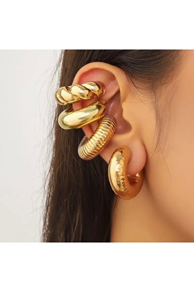 Accessories Vanilla Avenue 4'lü Minimalist Oval Desenli Altın Sarısı Günlük Kullanım Kadın Küpe Seti