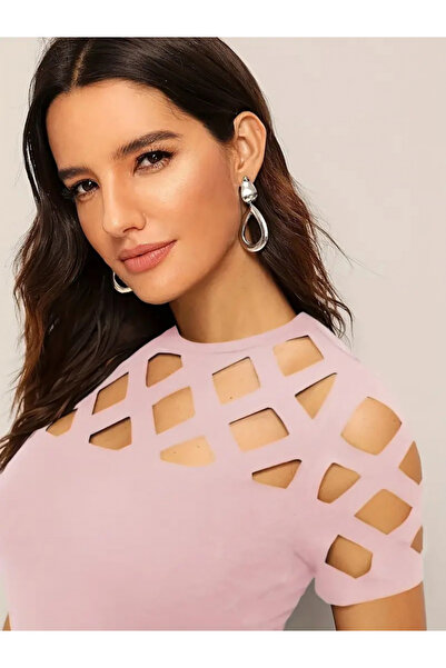 buğrahayalin Women's Short Sleeve Diamond Pattern Laser Cut Imported Crepe Blouse