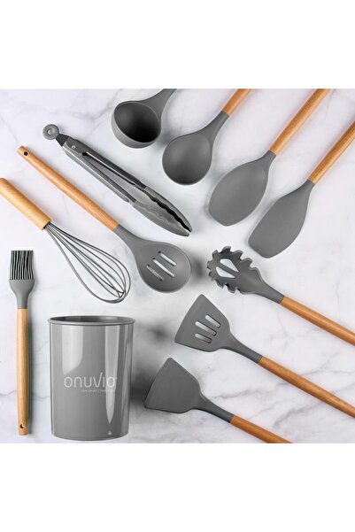 Onuvio Σετ σκευών κουζίνας 12 τεμαχίων, Ξύλο και σιλικόνη τροφίμων, Ανθεκτικό στη θερμότητα, Αντικολλητικό - Γκρι