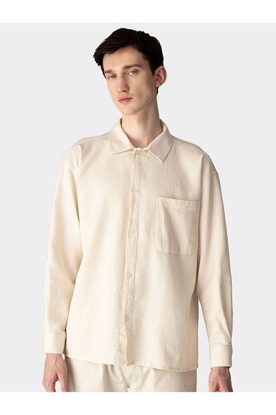 DeFacto Mens Cream Button-Down Plain Long Sleeve Shirt