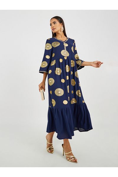 Keenly By Styli Foil Print Ruffled Hem V-Neck A-Line Jalabiya