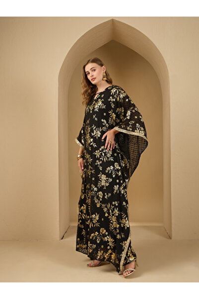 Styli All-Over Floral Foil Print Dobby Chiffon Kaftan with Inner Dress