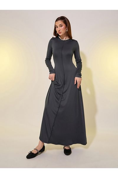 Styli Faux Pearl Detail Long Sleeves A-Line Maxi Dress