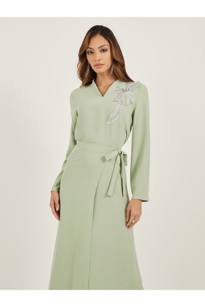 Styli Lace Detail V Neck Wrap Look Jalabiya