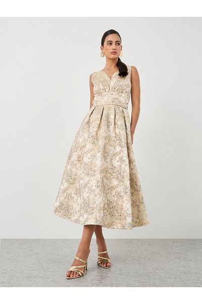 Styli Jacquard Satin Sleeveless A-Line Midi Dress
