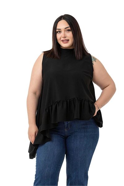 DISENTIS MODEST Large Size Asymmetrical Cut Skirt Ruffled Half Standing Collar Black Blouse