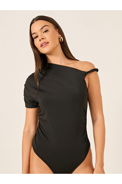 Styli Solid Asymmetric Neck Bodysuit with Gathered Detail