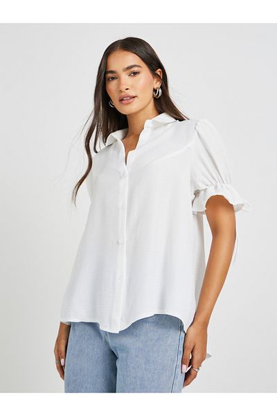 Styli Puff Sleeve Linen Curved Hem Shirt