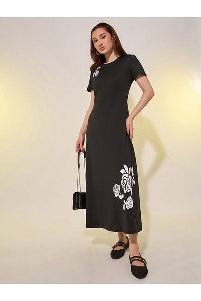 Styli Floral Print Short Sleeves A-Line Midi Dress