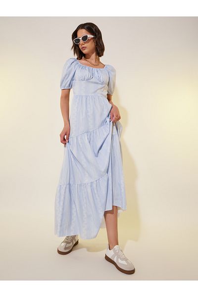 Styli All Over Print Puff Sleeves Tiered Maxi Dress