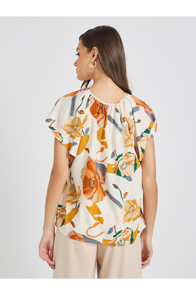 Take Two By Styli Floral Print Batwing Sleeve Tie-Up Neck Blouse
