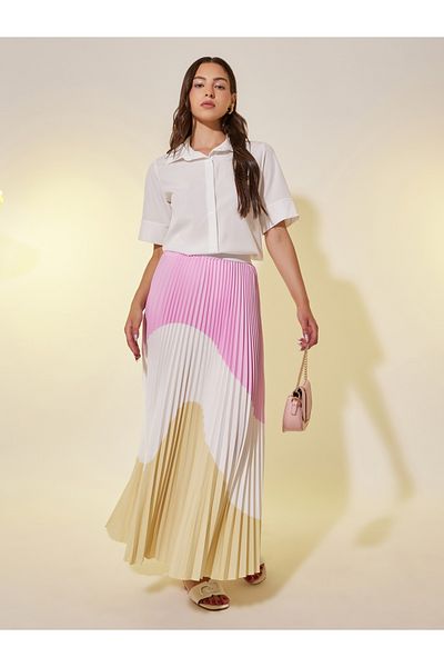 Styli Color Block Pleated A-Line Midi Skirt