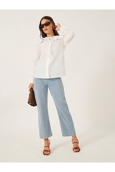 Styli Solid Peter Pan Collar Button Front Blouse with Tie Detail