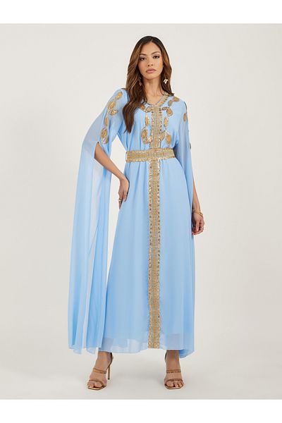 Styli Lace Trim Slit Sleeves V Neck Kaftan