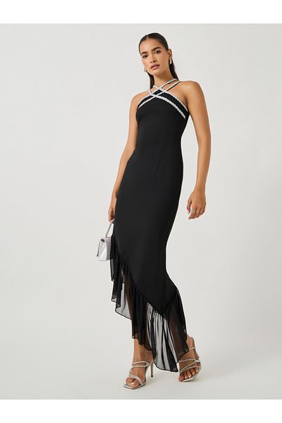 Styli Lace Detail Halter Neck Asymmetric Hem Bodycon Maxi Dress