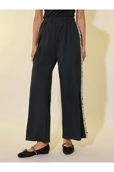 Styli Sequin Embellished Trim Elastic Waistband Wide Leg Pants