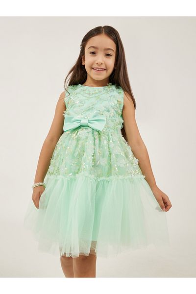 Styli Embellished Round Neck Fit and Flare Dress with Bow Detail