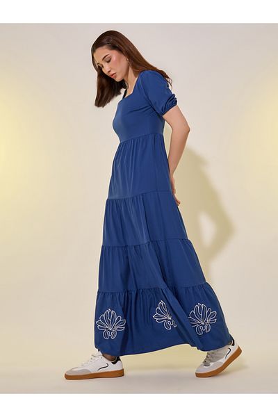 Styli Embroidered Detail Puff Sleeves Tiered Maxi Dress