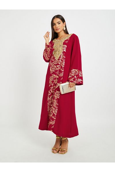 Keenly By Styli Embroidered Lace Detail Foil Print A-Line Jalabyia