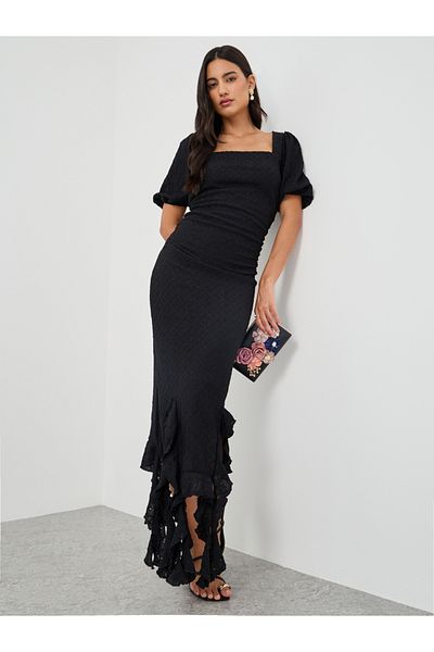 Styli Self Design Ruffled Asymmetric Hem Sheath Midi Dress