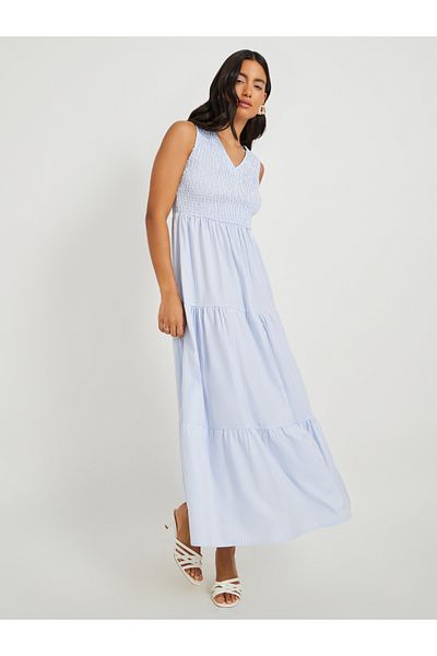 Styli Striped V-Neck Sleeveless A-Line Midi Dress