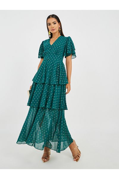 Styli Self Design Flared Sleeves Tiered Maxi Dress