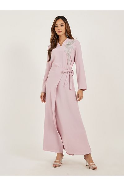 Styli Lace Detail V Neck Wrap Look Jalabiya
