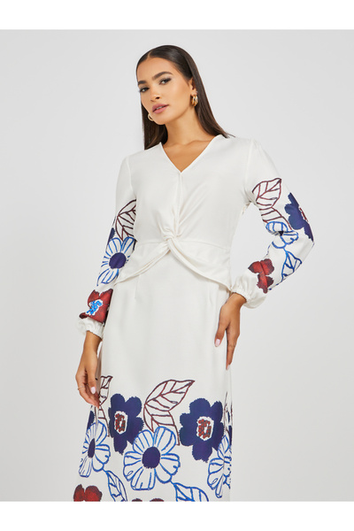 Styli Floral Print Balloon Sleeves A-Line Midi Dress