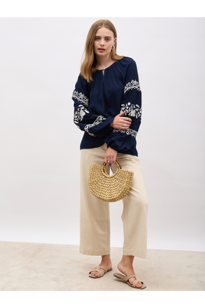 Styli Embroidered Keyhole Neck Blouse with Balloon Sleeves