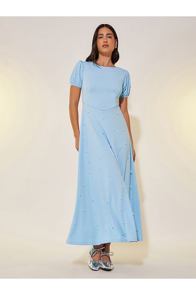 Styli Faux Pearl Embellished Puff Sleeve Maxi Dress