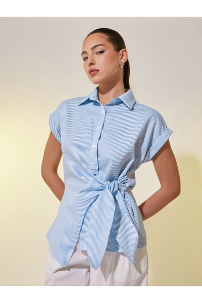 Styli Striped Collared Short Sleeve Wrap Top