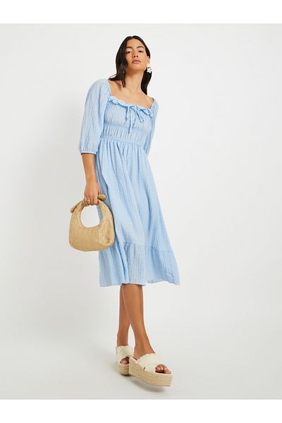 Styli Texture Square Collar Ruffle Trim Midi Dress