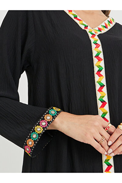 Styli Mirror Work Lace Trim V Neck Jalabiya