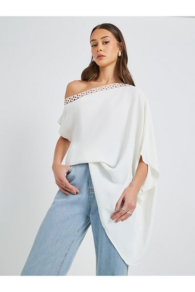 Take Two By Styli Solid One Shoulder Lace Trim Batwing Sleeve Blouse