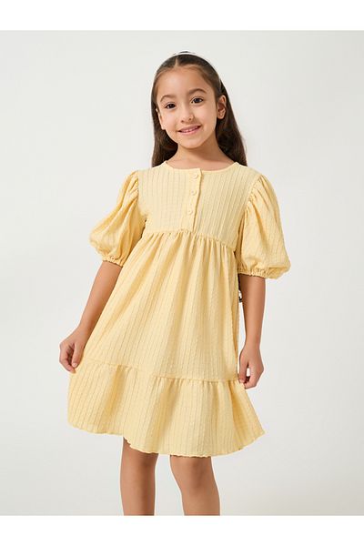 Styli Textured Puff Sleeves Dress with Half-Button Placket