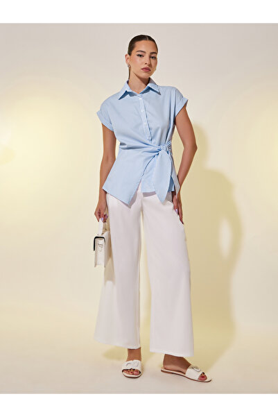 Styli Striped Collared Short Sleeve Wrap Top