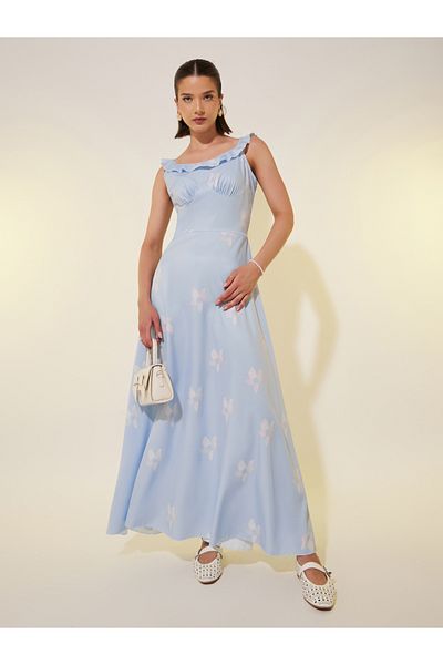 Styli All Over Print Ruffle Trim A-Line Maxi Dress