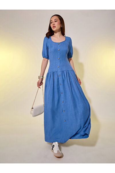 Styli Solid Puff Sleeves A-Line Maxi Dress with Button Detail
