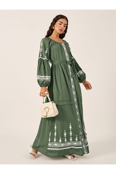 Styli Cotton Embroidered Long Sleeves A-Line Maxi Dress