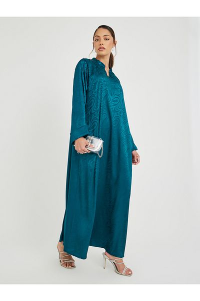 Styli Satin Jacquard Collared Jalabiya with Folded Cuffs