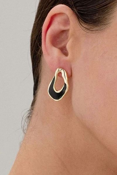 HISCOSMETIC Women's Asymmetrical Gold Gold Color and Black Detailed Enamel Earrings