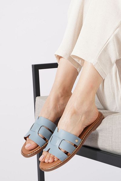 Himushe Ventus Snap Tape Pin Genuine Leather Women's Slippers Denim Blue Skin