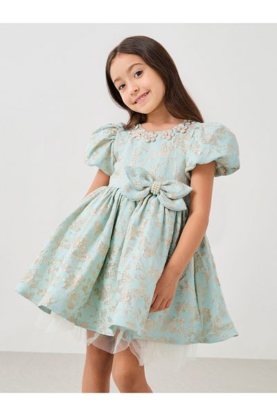 Styli Jacquard Puff Sleeve Round Neck Pleated Dress