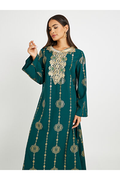 Keenly By Styli Printed Lace Detail Long Sleeve A-Line Jalabiya