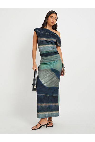 Styli Ombre Print One Shoulder Bodycon Maxi Dress
