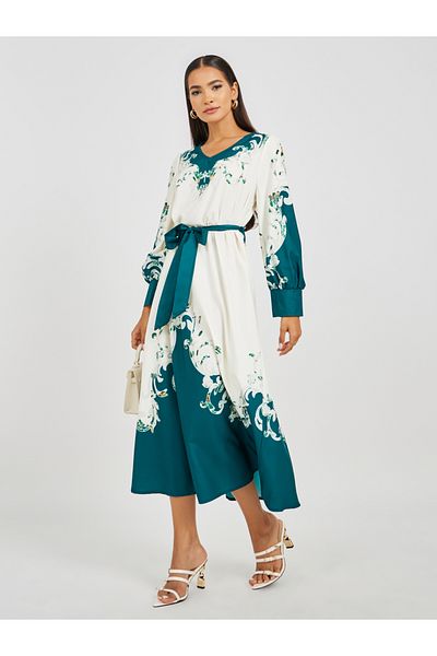 Keenly By Styli Floral Print Long Sleeve V-Neck Belted Midi Dress