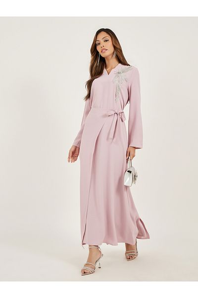 Styli Lace Detail V Neck Wrap Look Jalabiya