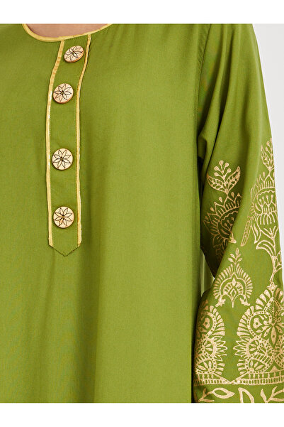 Maxim Creation By Styli Foil Block Print Round Neck Jalabiya with Button Detail