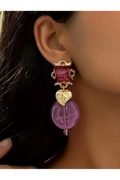 Accessories Vanilla Avenue Purple Golden Yellow Leaves Geometric Resin Embroidered Dangle Earrings for Women